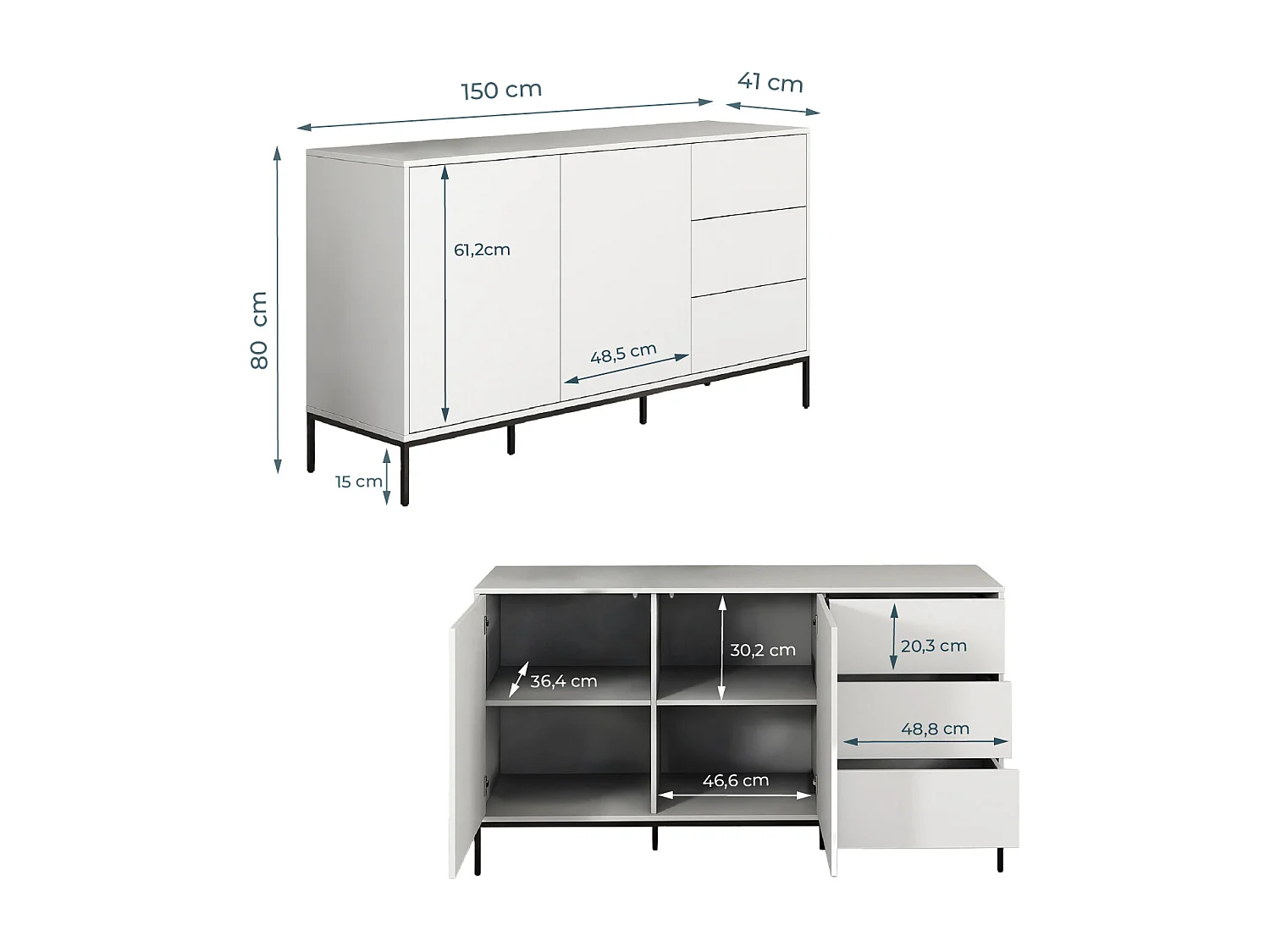 Bahut Buffet pour Salon Salle à manger en Blanc 150x41x80cm Serena
