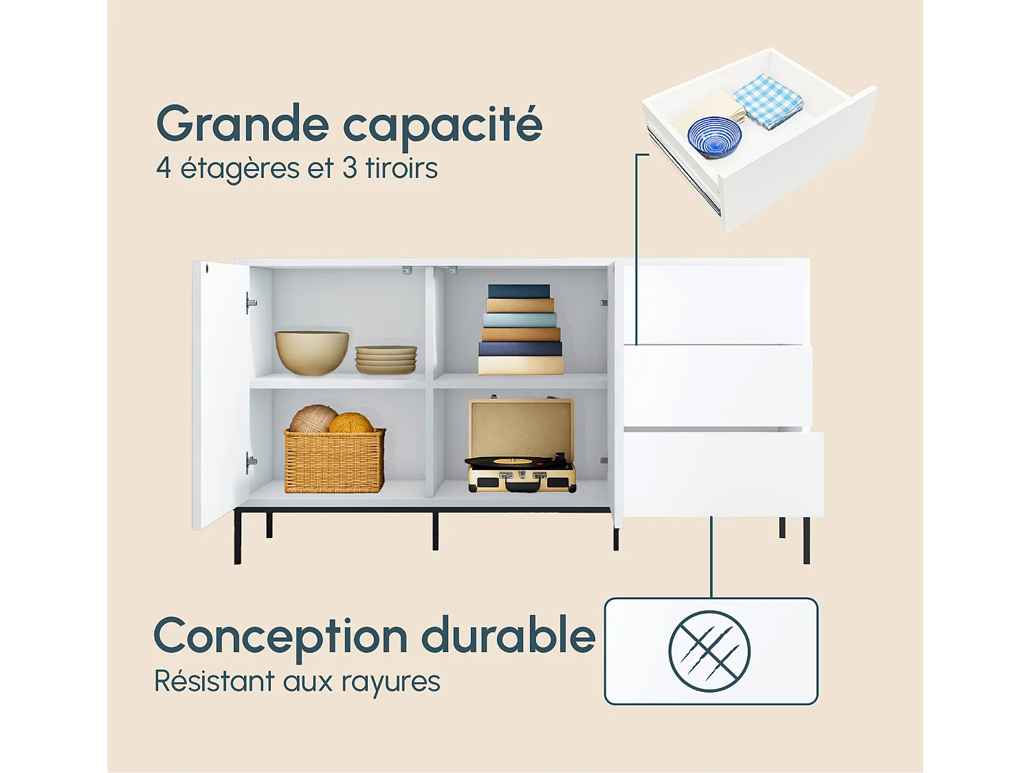 Bahut Buffet pour Salon Salle à manger en Blanc 150x41x80cm Serena