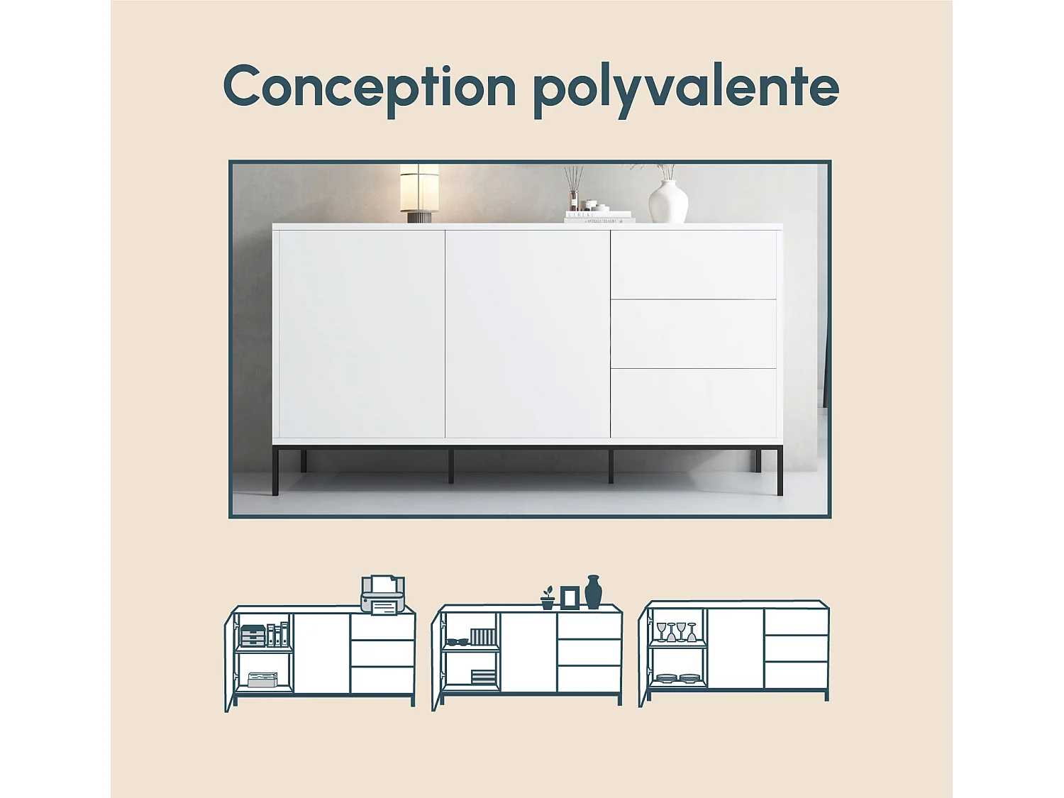 Bahut Buffet pour Salon Salle à manger en Blanc 150x41x80cm Serena