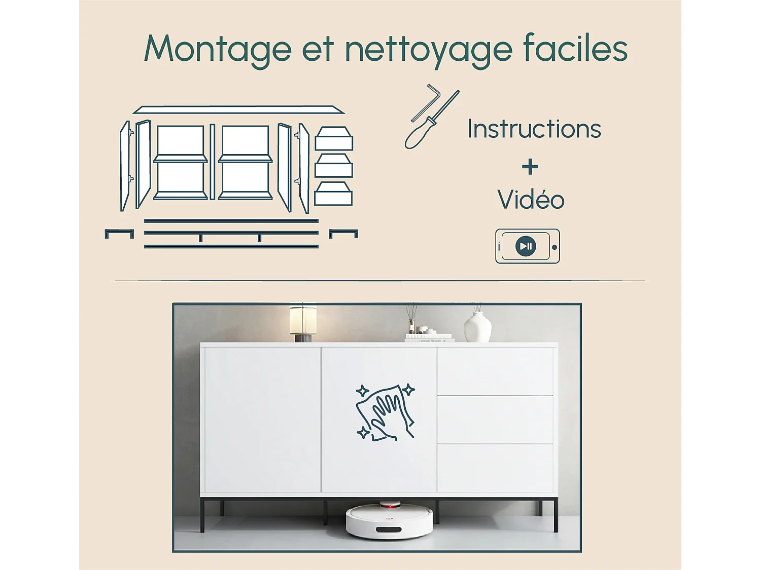 Bahut Buffet pour Salon Salle à manger en Blanc 150x41x80cm Serena