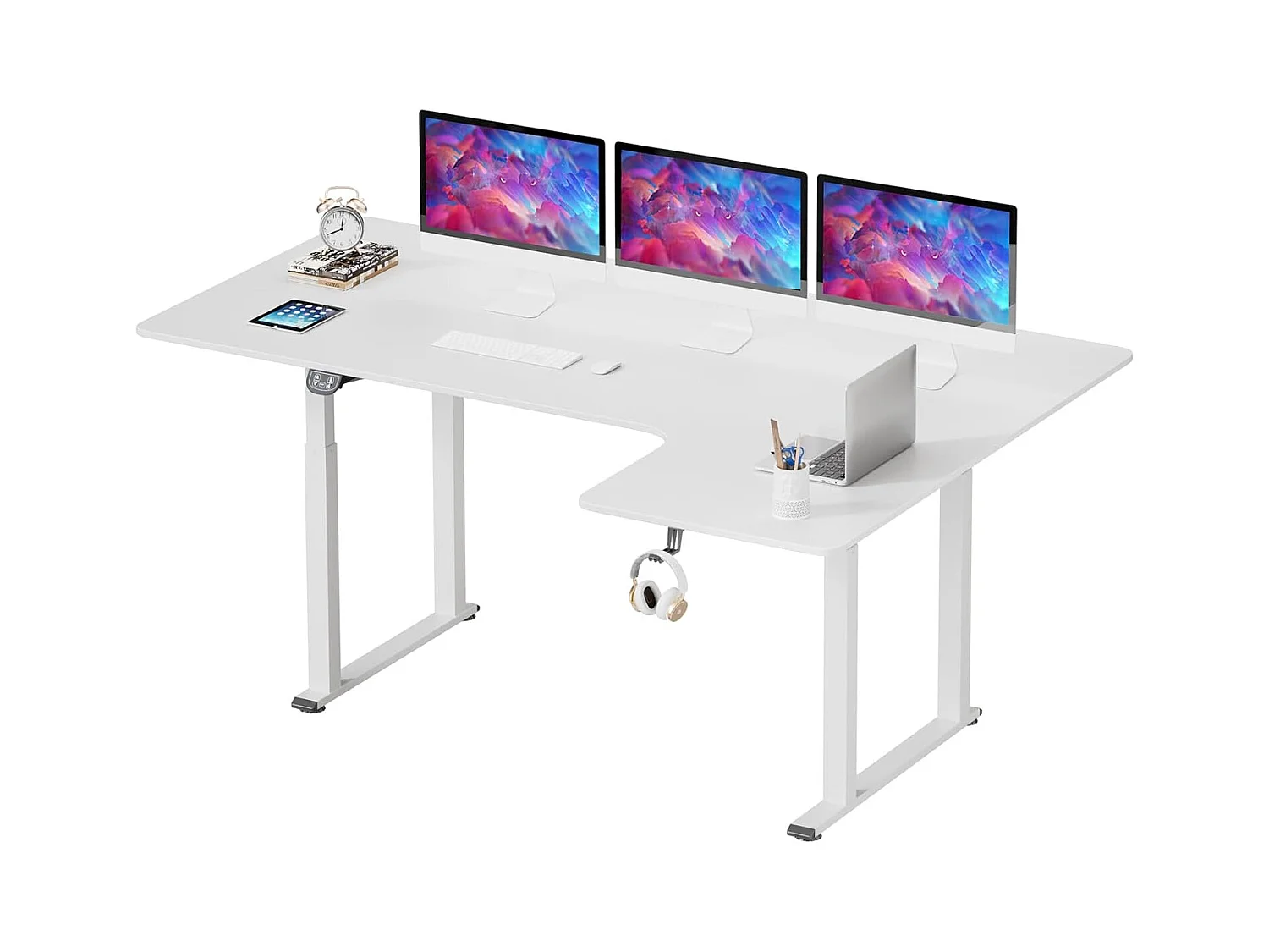 Dripex Bureau électrique réglable en hauteur en forme de L, 180 x 110 cm, avec moteur double, panneau d'épissage, blanc