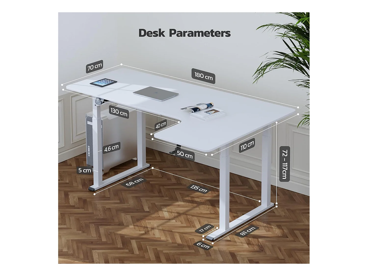 Dripex Bureau électrique réglable en hauteur en forme de L, 180 x 110 cm, avec moteur double, panneau d'épissage, blanc