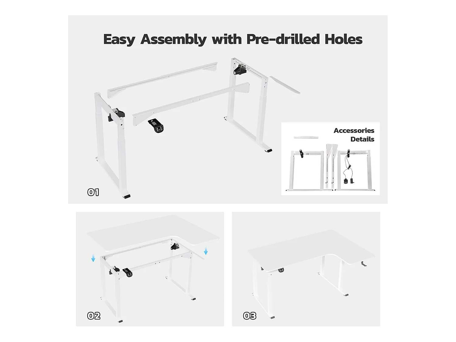 Dripex Bureau électrique réglable en hauteur en forme de L, 180 x 110 cm, avec moteur double, panneau d'épissage, blanc
