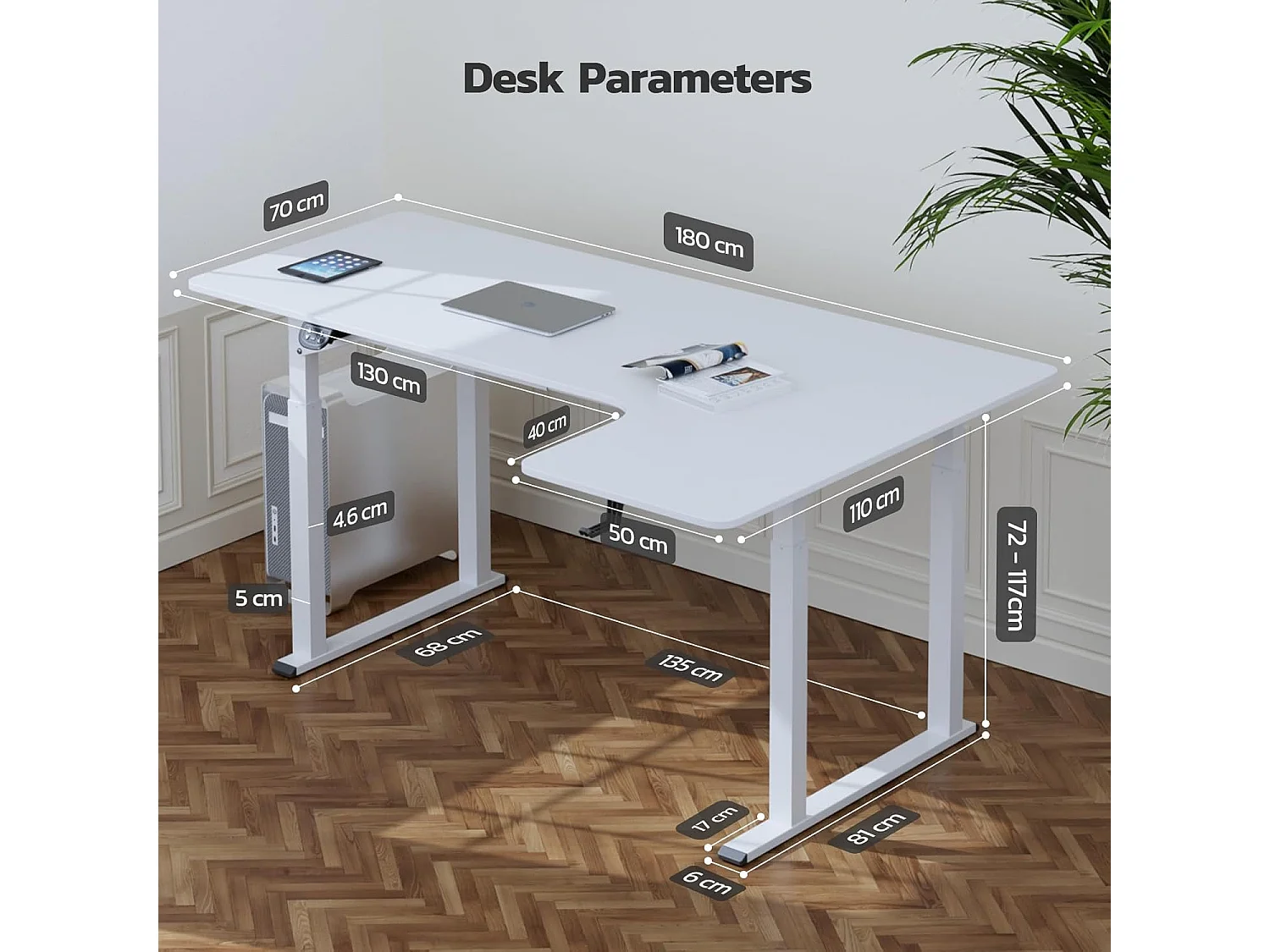 Dripex L-vormige Elektrisch in Hoogte Verstelbaar Bureau, 180 x 110 cm, met Dual Motor, Voegplaat, Wit