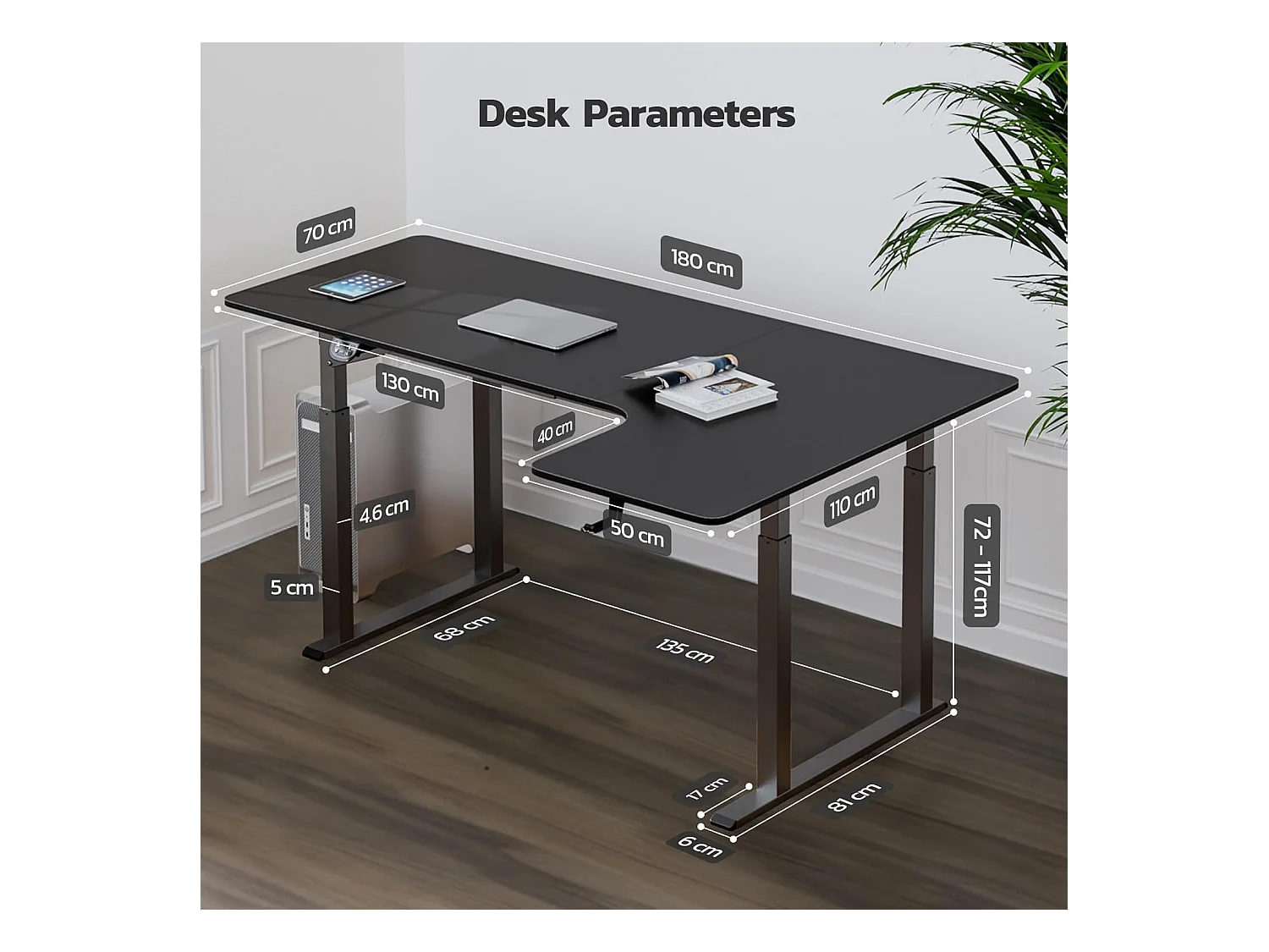 Dripex Bureau électrique réglable en hauteur en forme de L, 180 x 110 cm, avec moteur double, panneau d'épissage, noir