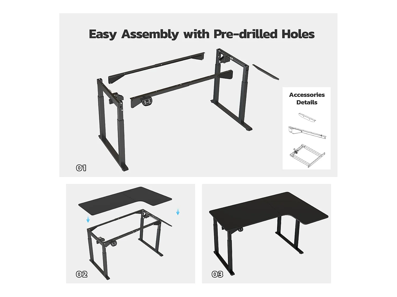 Dripex Bureau électrique réglable en hauteur en forme de L, 180 x 110 cm, avec moteur double, panneau d'épissage, noir