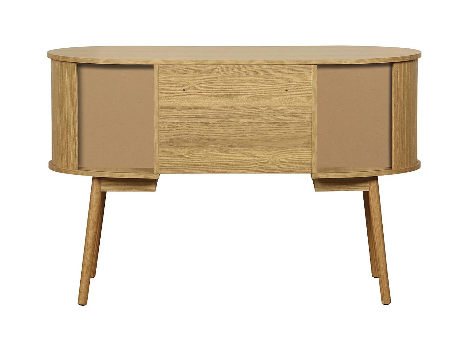 Bureau ovale décor bois rainuré avec deux espaces de rangement. L 120 x P 55 x H 77 cm