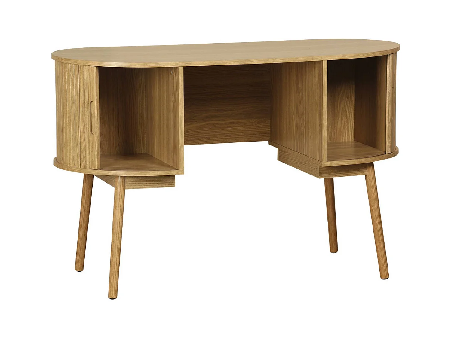 Bureau ovale décor bois rainuré avec deux espaces de rangement. L 120 x P 55 x H 77 cm