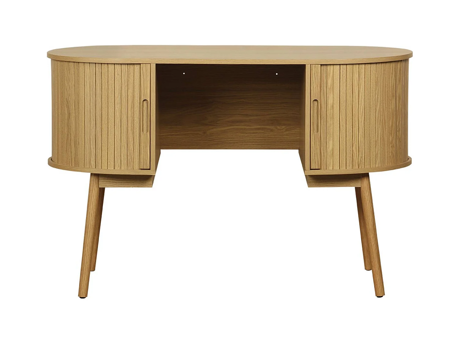 Bureau ovale décor bois rainuré avec deux espaces de rangement. L 120 x P 55 x H 77 cm