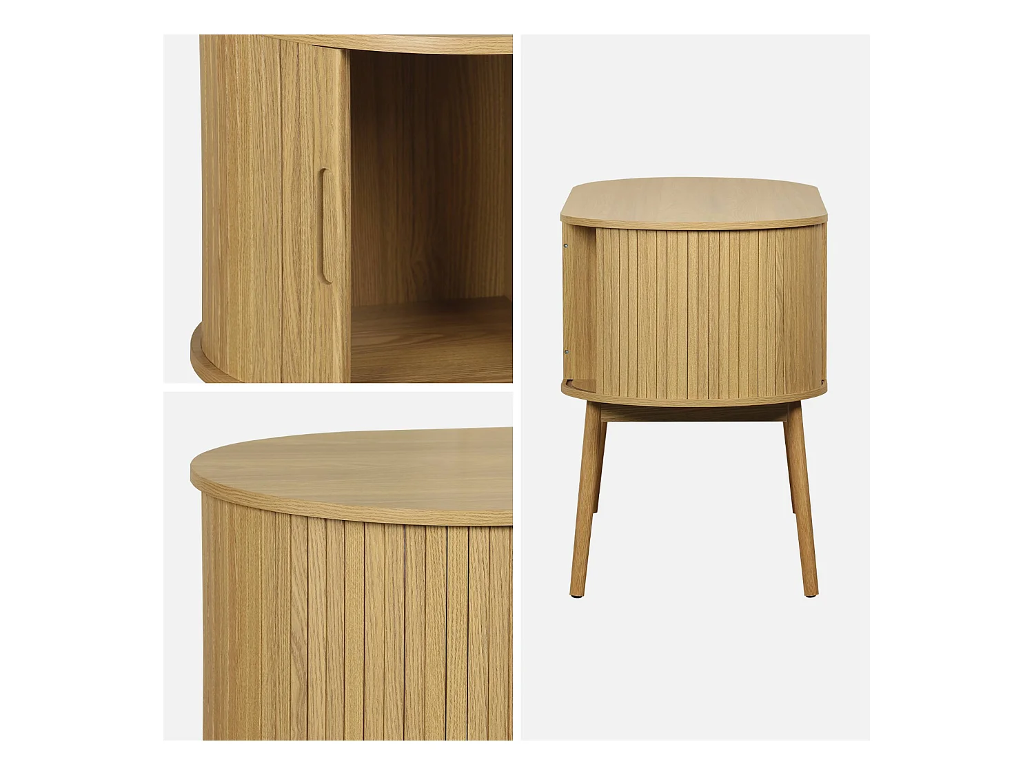 Bureau ovale décor bois rainuré avec deux espaces de rangement. L 120 x P 55 x H 77 cm