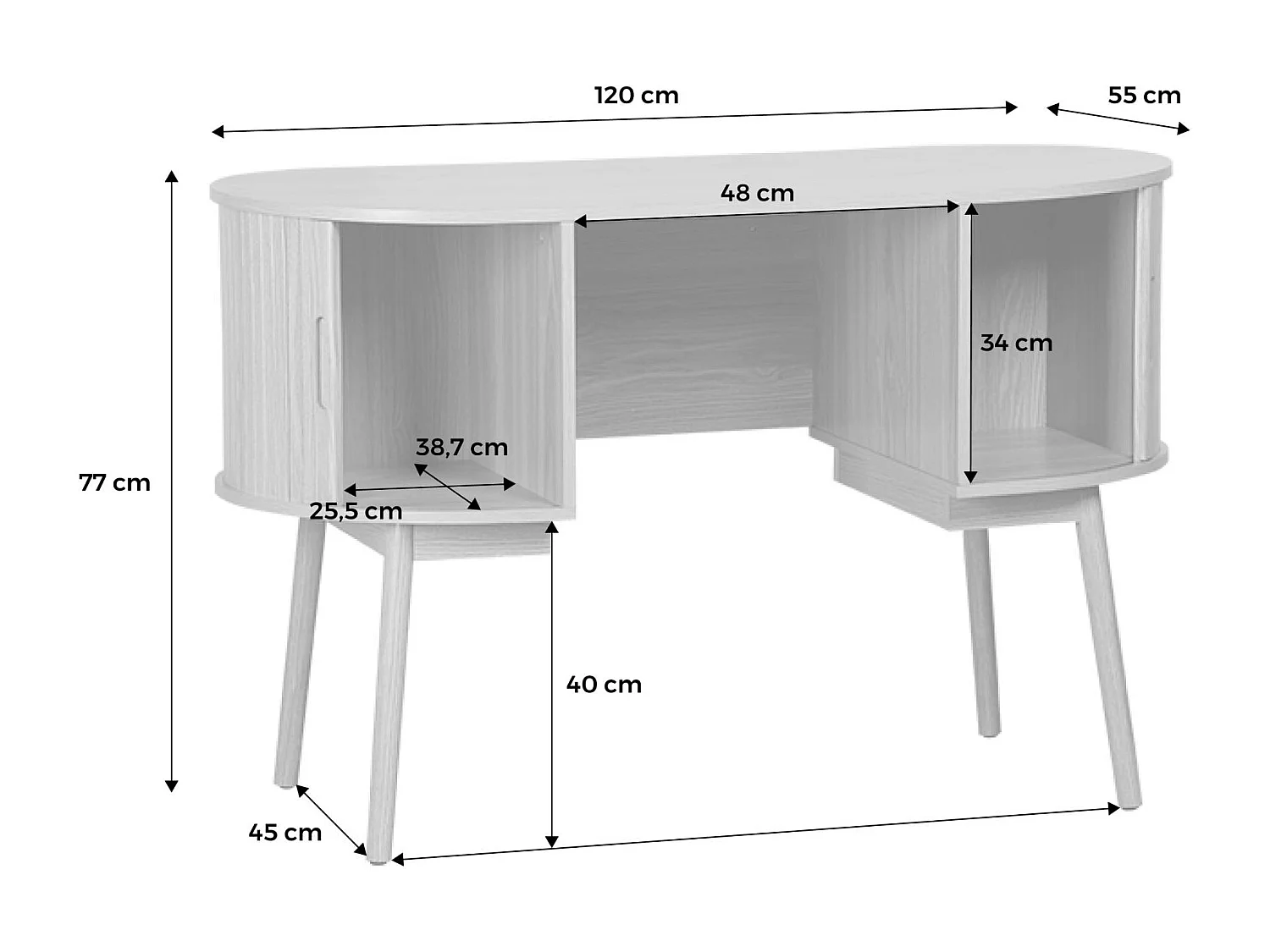 Escritorio ovalado efecto madera con dos espacios de almacenamiento, l
