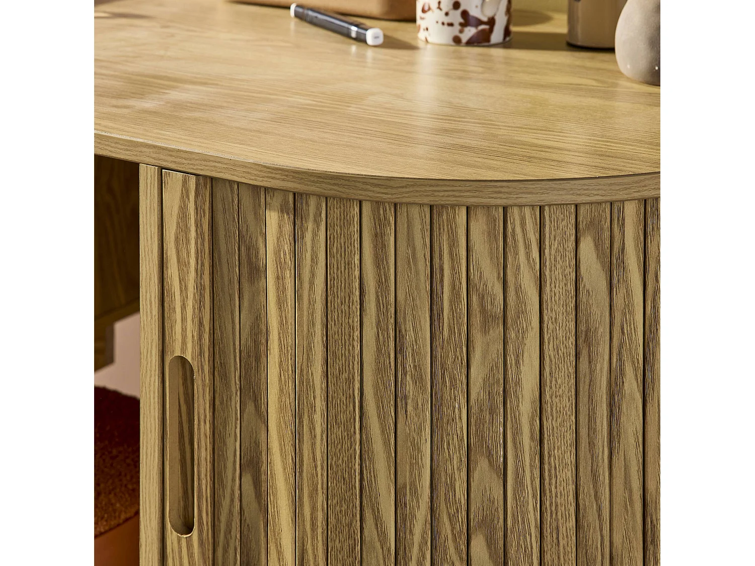 Escritorio ovalado efecto madera con dos espacios de almacenamiento, l