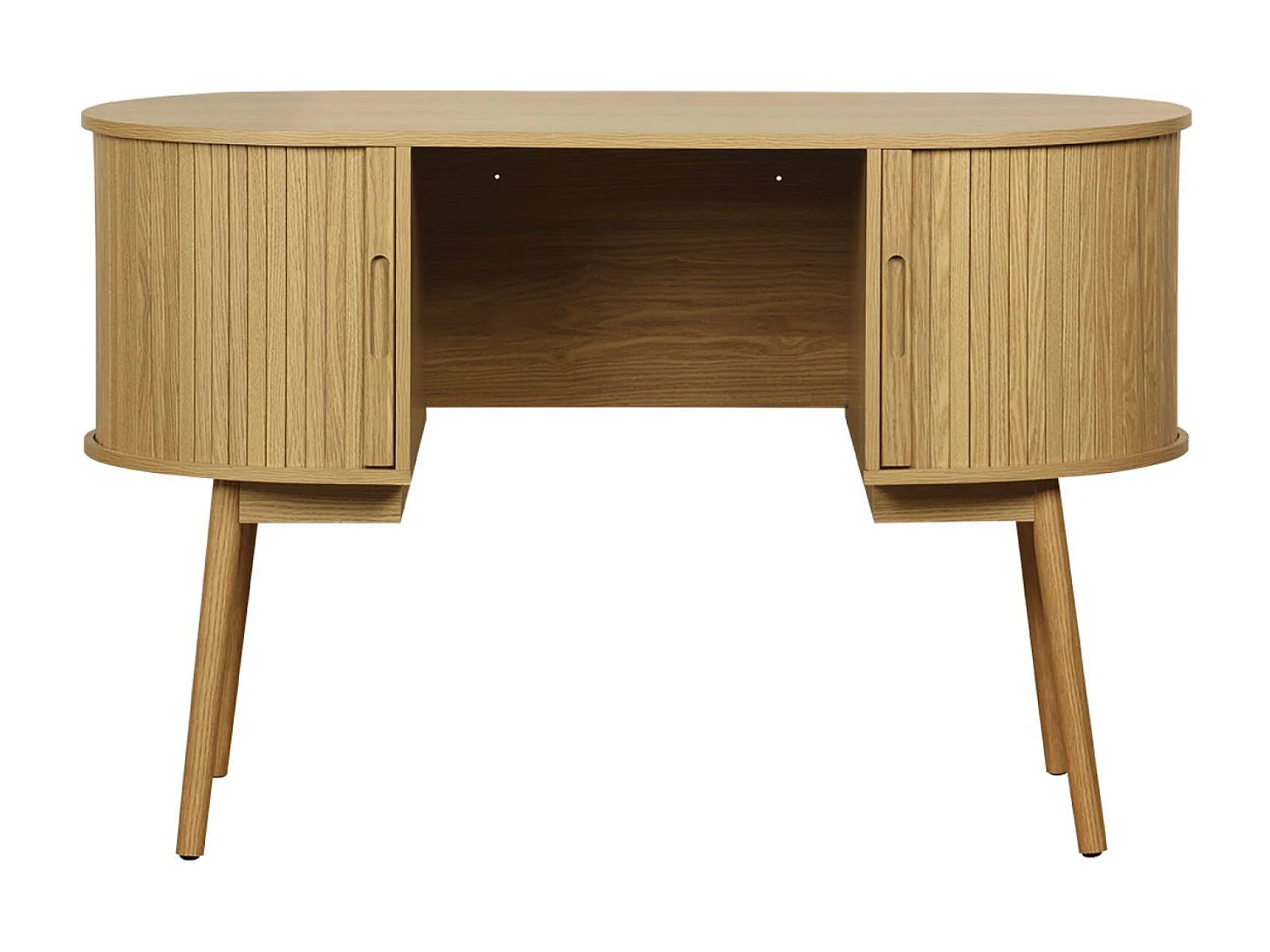 Scrivania ovale con effetto legno scanalato e due vani portaoggetti,