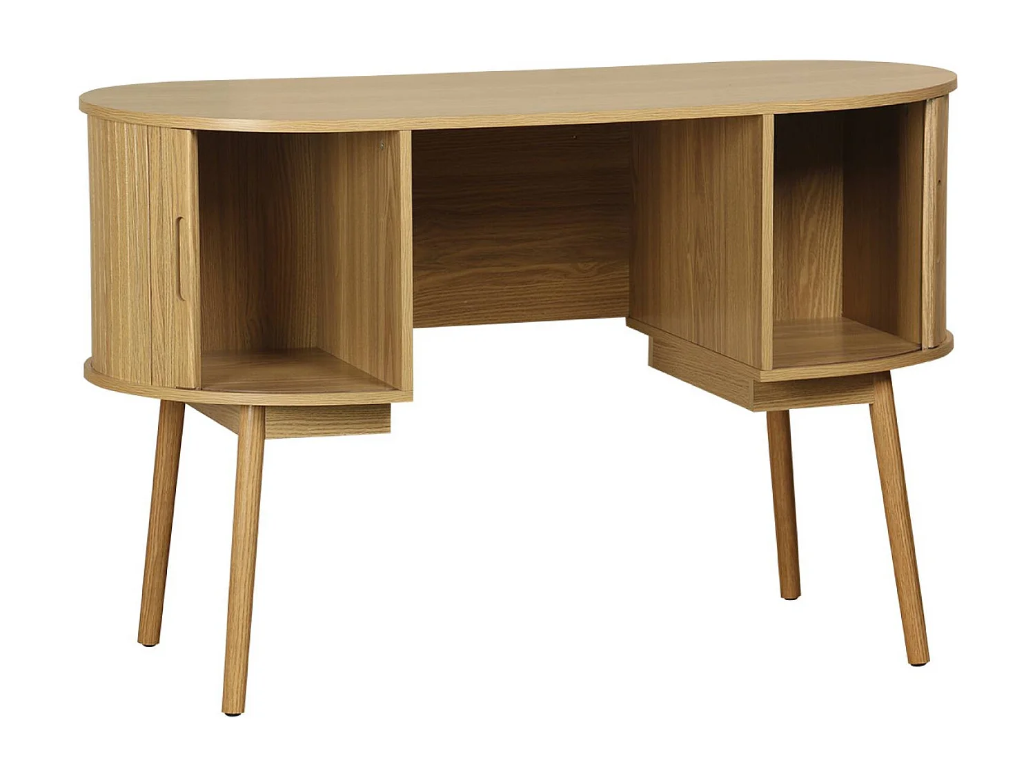 Scrivania ovale con effetto legno scanalato e due vani portaoggetti,