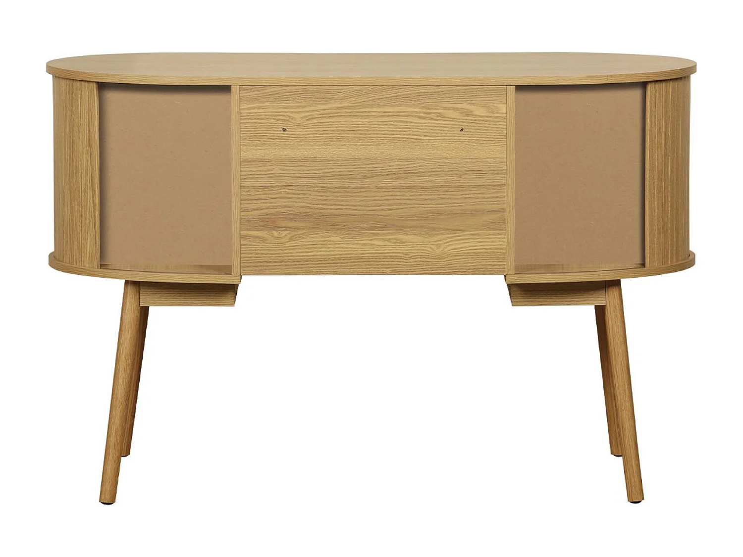 Scrivania ovale con effetto legno scanalato e due vani portaoggetti,