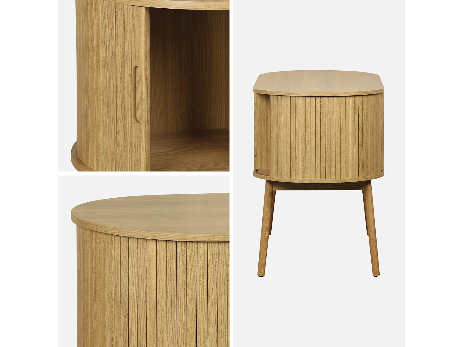 Scrivania ovale con effetto legno scanalato e due vani portaoggetti,