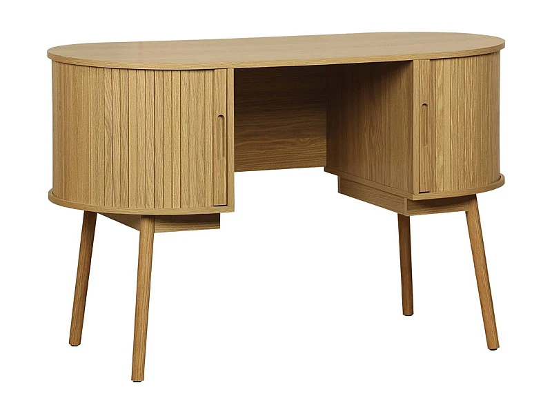 Bureau ovale décor bois rainuré avec deux espaces de rangement. L 120 x P 55 x H 77 cm