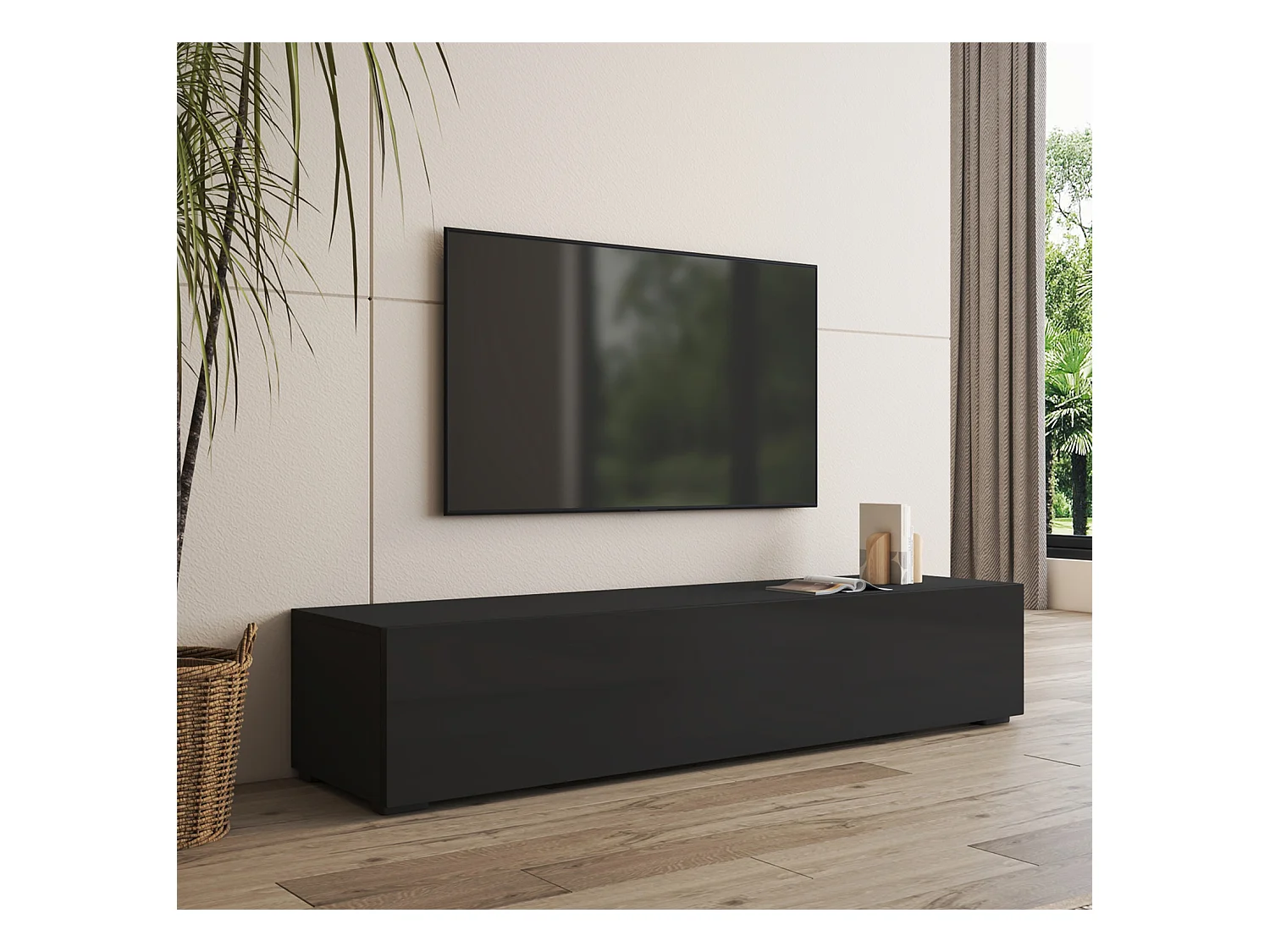 Meuble TV pour Salon Salle à manger en Noir avec LED 160x40x32cm Nora H2