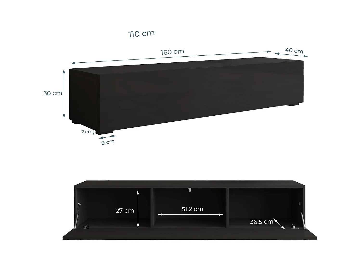 Meuble TV pour Salon Salle à manger en Noir avec LED 160x40x32cm Nora H2