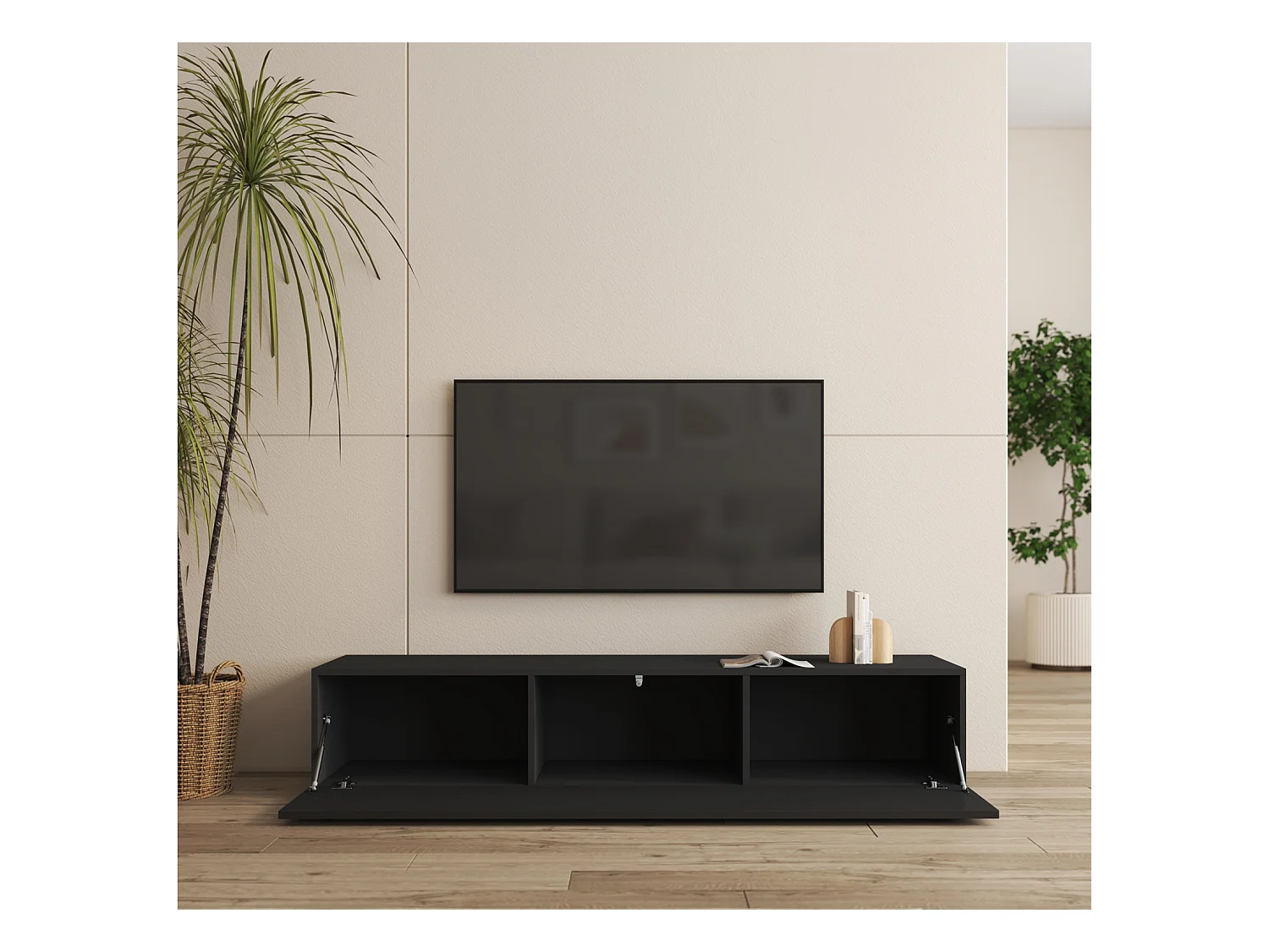 Meuble TV pour Salon Salle à manger en Noir avec LED 160x40x32cm Nora H2