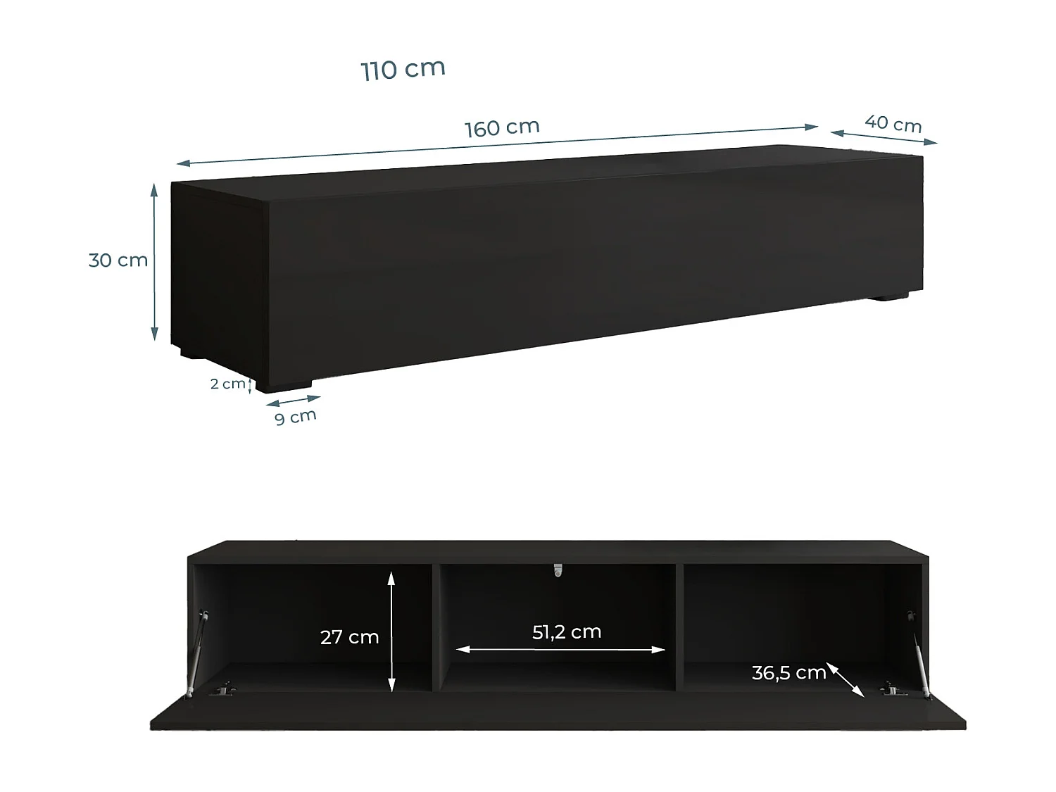 Mueble TV para Salón comedor en Negro 160x40x32cm Nora H2