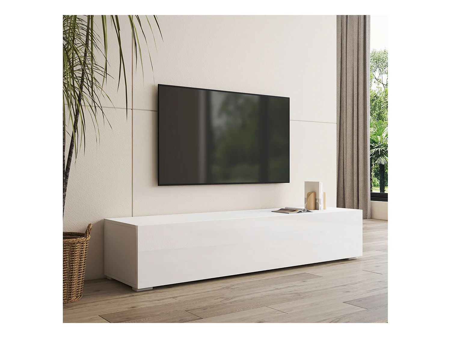 Meuble TV pour Salon Salle à manger en Blanc avec LED 160x40x32cm Nora H2