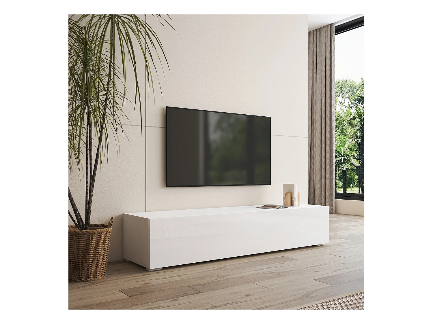 Meuble TV pour Salon Salle à manger en Blanc avec LED 160x40x32cm Nora H2