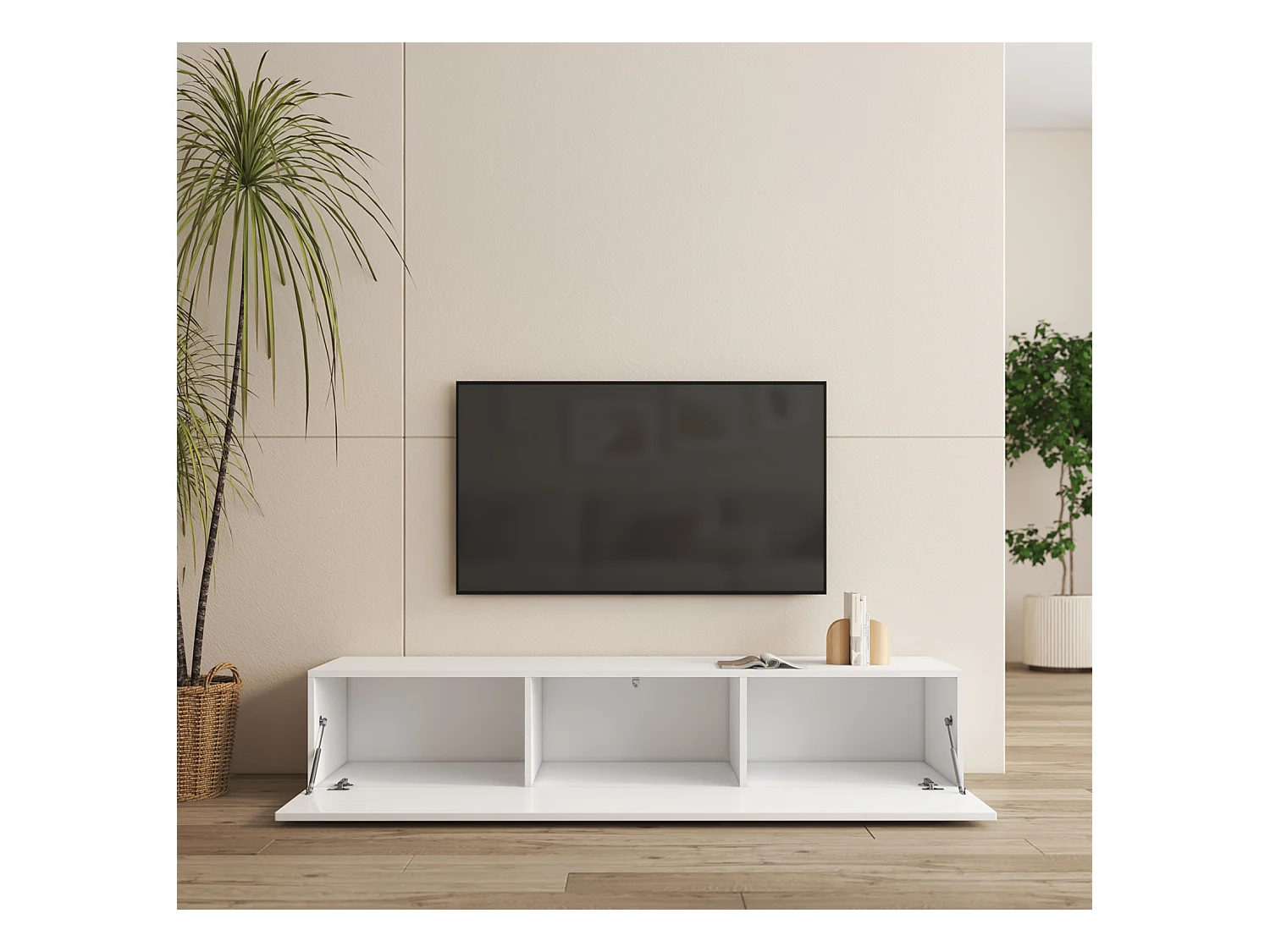 Meuble TV pour Salon Salle à manger en Blanc avec LED 160x40x32cm Nora H2