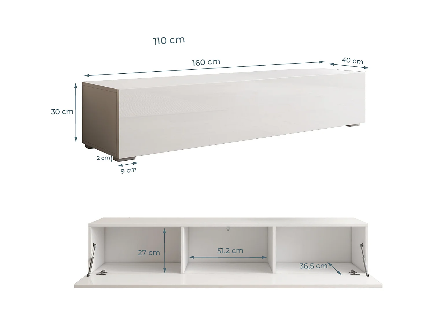 Meuble TV pour Salon Salle à manger en Blanc avec LED 160x40x32cm Nora H2