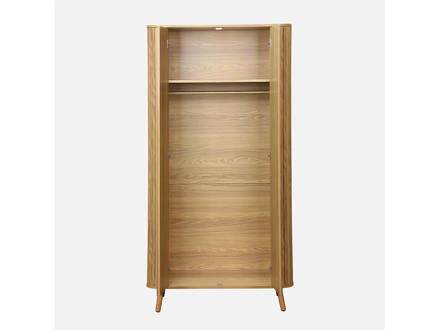 Armoire 2 portes décor bois rainuré avec étagère et penderie. L 90 x P 60 x H 180cm