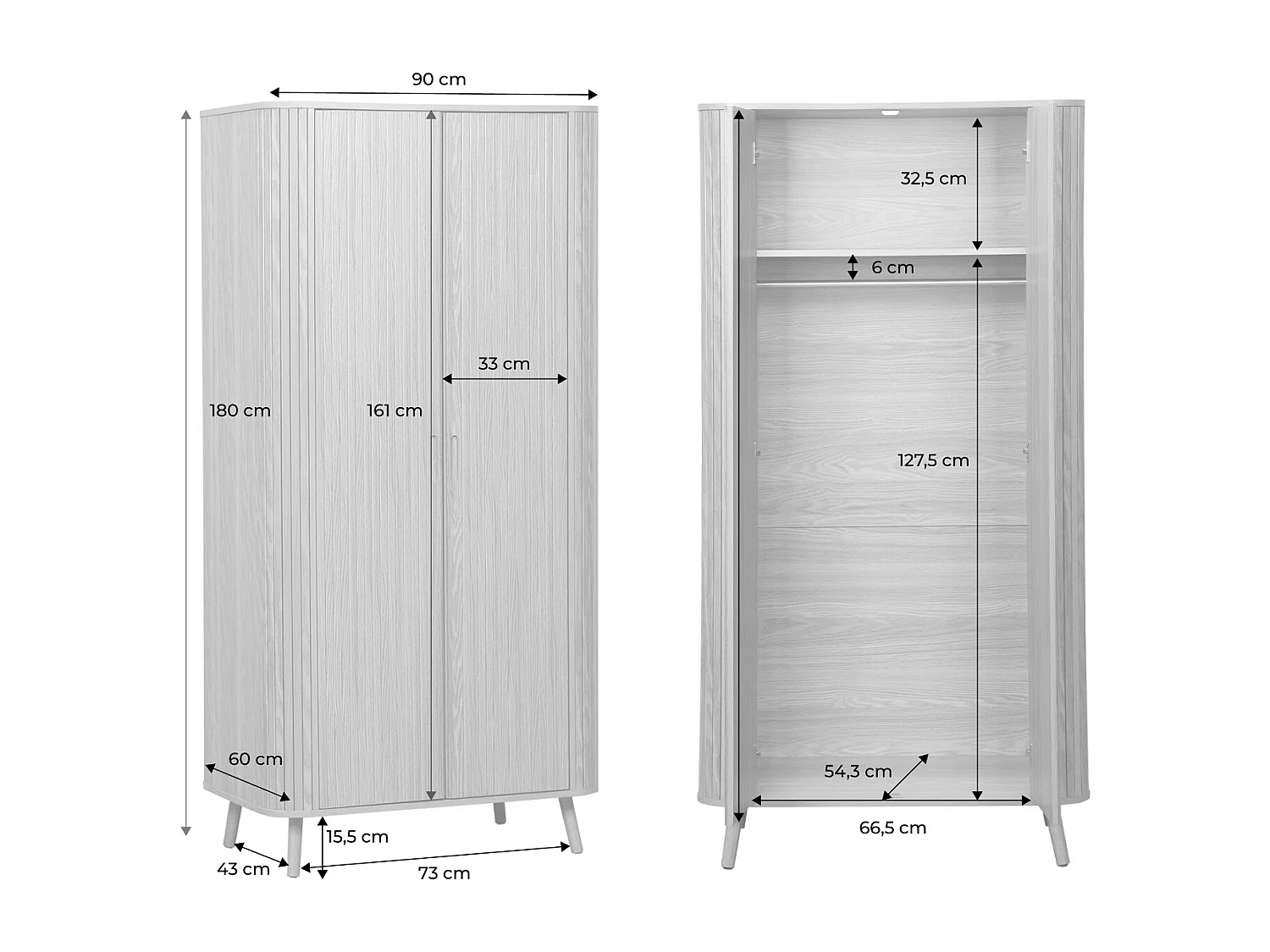 Armoire 2 portes décor bois rainuré avec étagère et penderie. L 90 x P 60 x H 180cm
