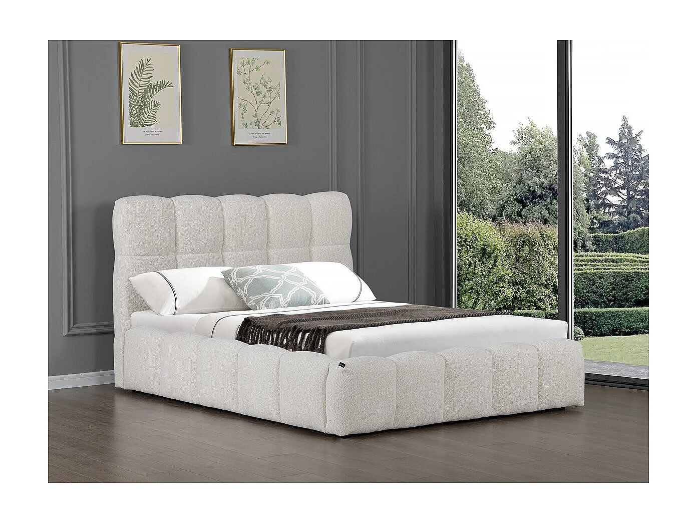 Lit double en tissu avec coffre "Davos" - 160 x 200 cm - Beige