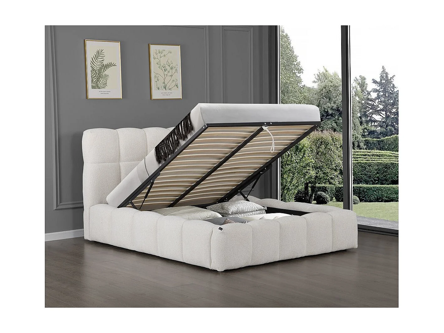 Lit double en tissu avec coffre "Davos" - 160 x 200 cm - Beige