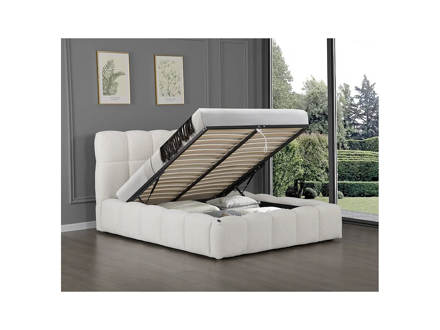 Lit double en tissu avec coffre "Davos" - 140 x 190 cm - Beige