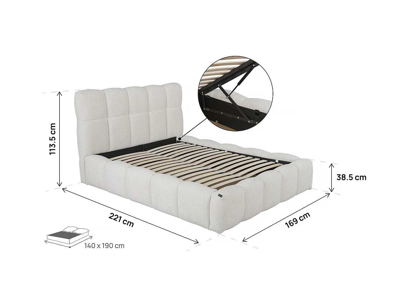 Lit double en tissu avec coffre "Davos" - 140 x 190 cm - Beige