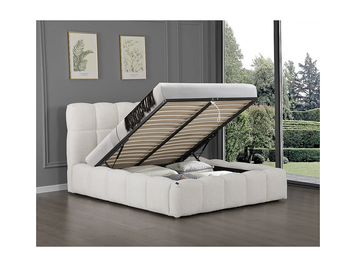 Cama de casal em tecido com armazenamento "Davos" - Bege 140 x 190 cm