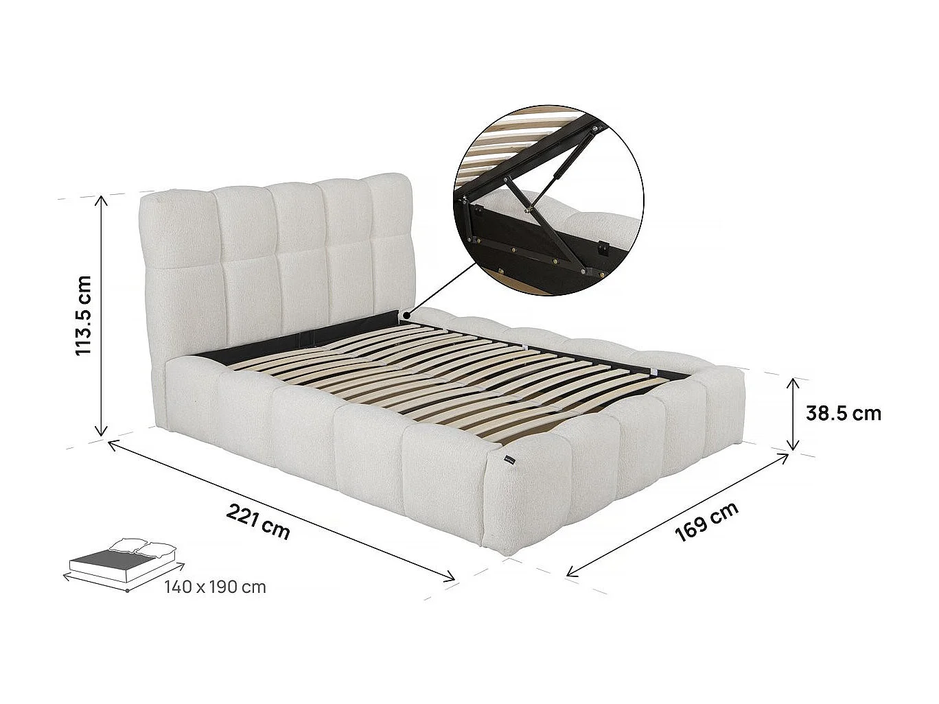 Lit double en tissu avec coffre "Davos" - 140 x 190 cm - Beige