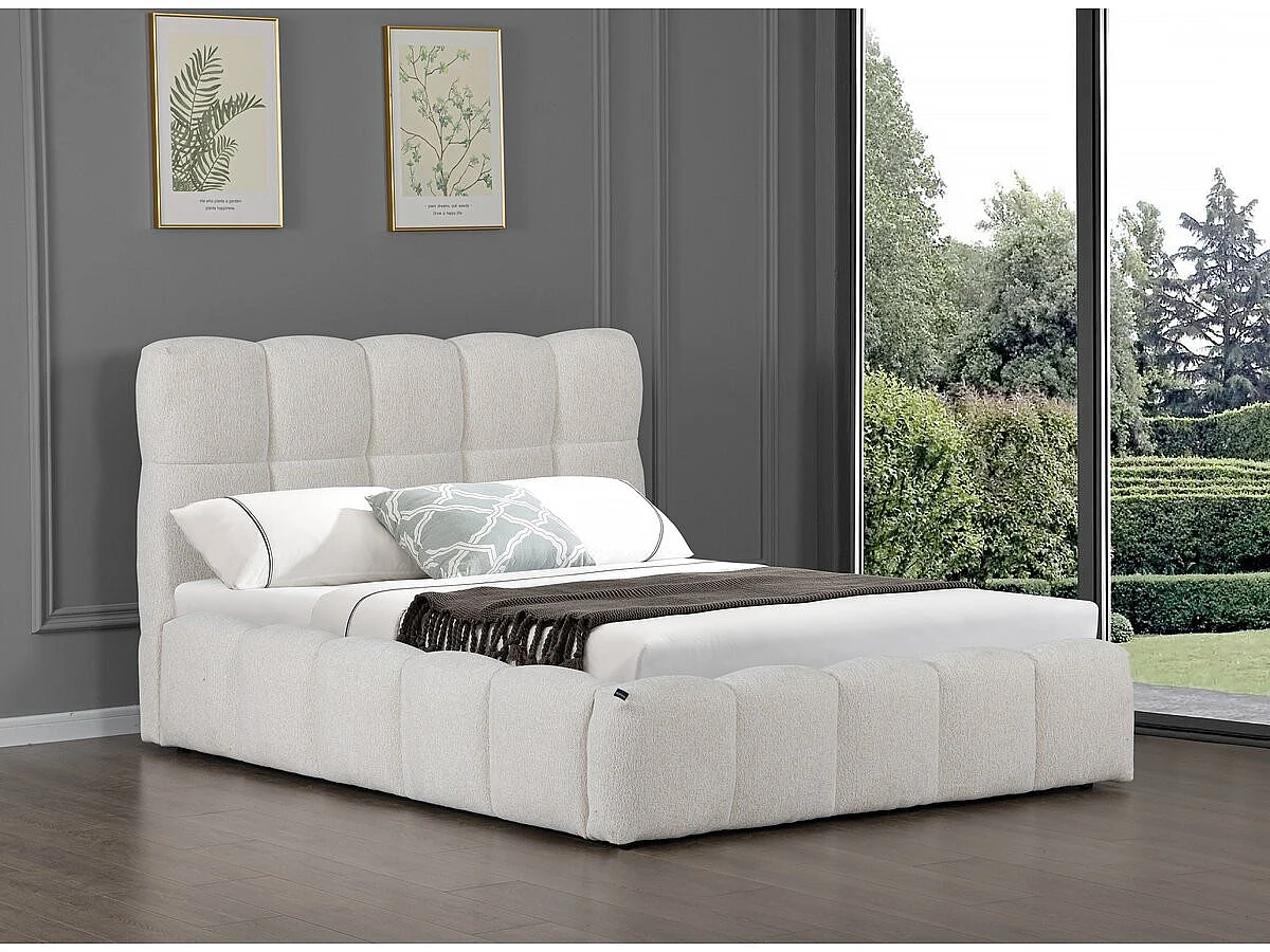 Lit double en tissu avec coffre "Davos" - 140 x 190 cm - Beige