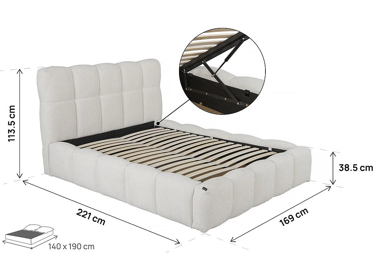 Lit double en tissu avec coffre "Davos" - 140 x 190 cm - Beige