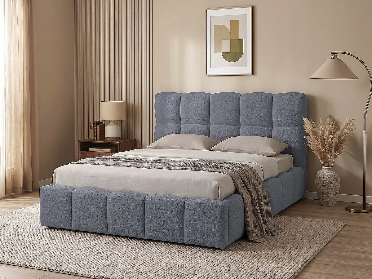 Stilren Beige Tygkorgdubbelsäng med Förvaring "Davos" - 140 x 190 cm - Träram - 24 Lister