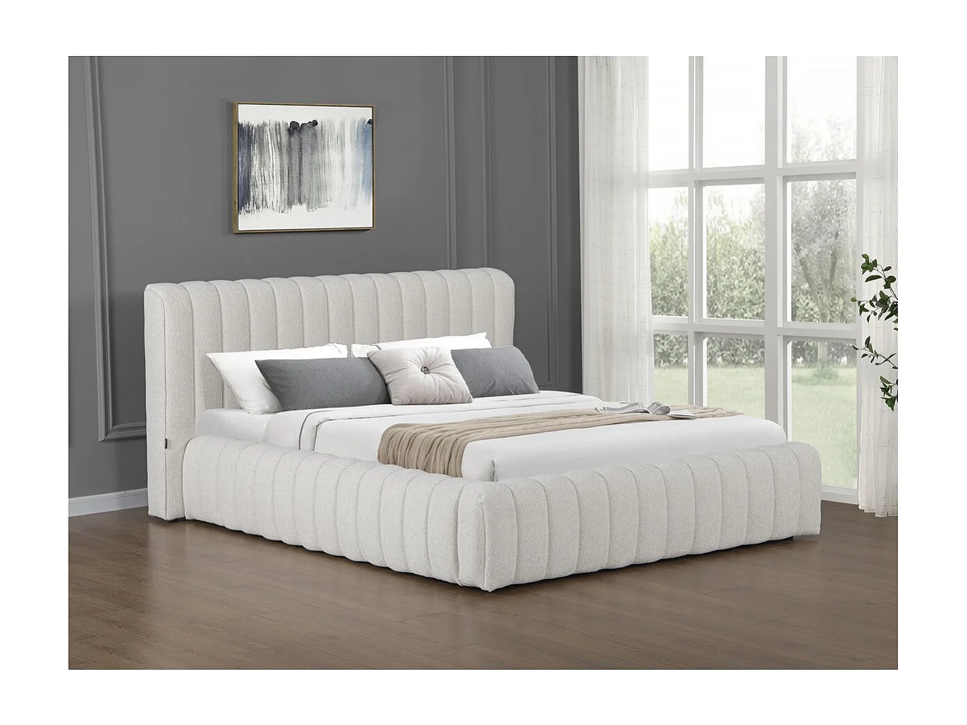 Lit double en tissu avec coffre "Tignes" - 140 x 190 cm - Beige