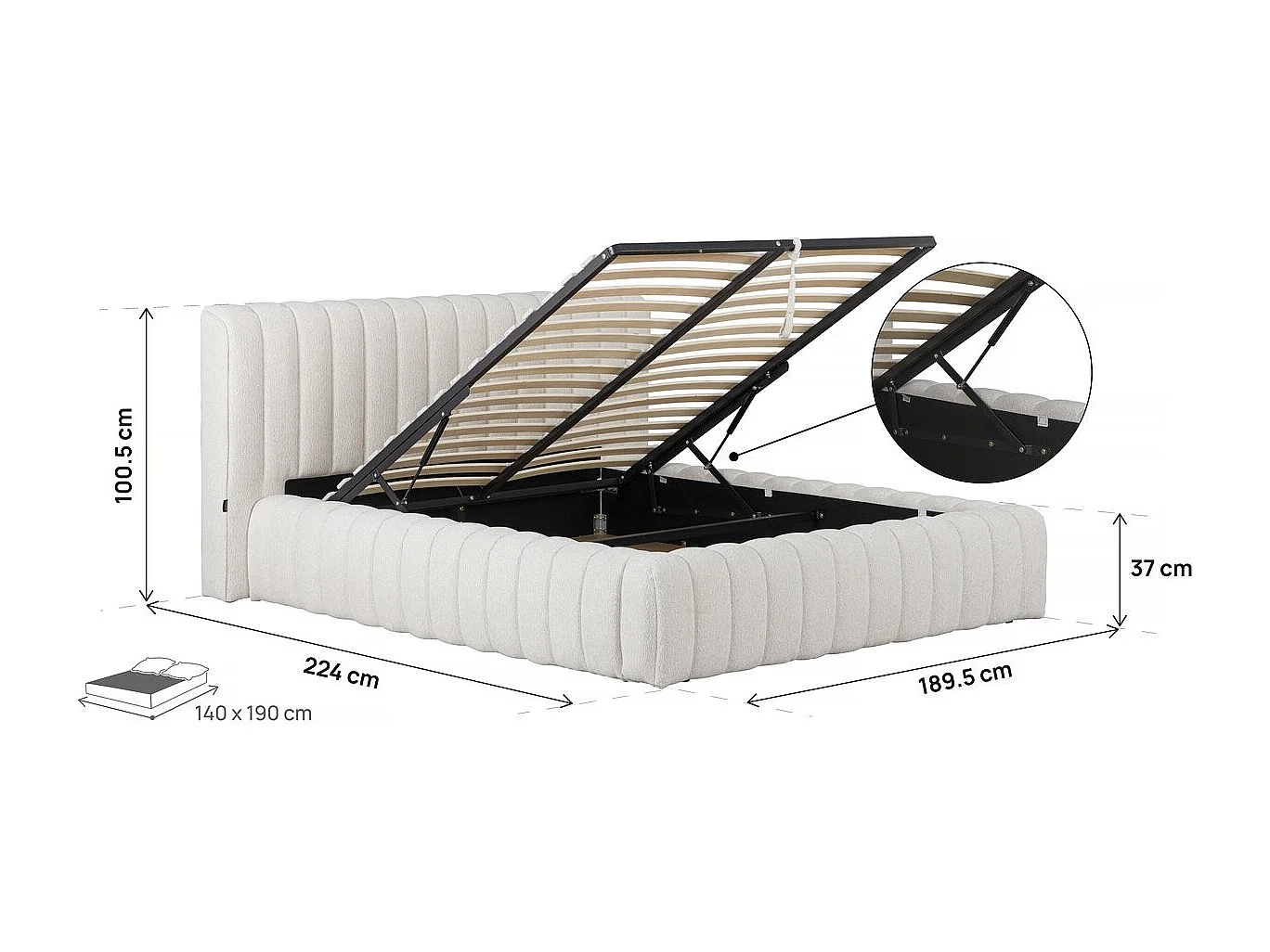 Lit double en tissu avec coffre "Tignes" - 140 x 190 cm - Beige