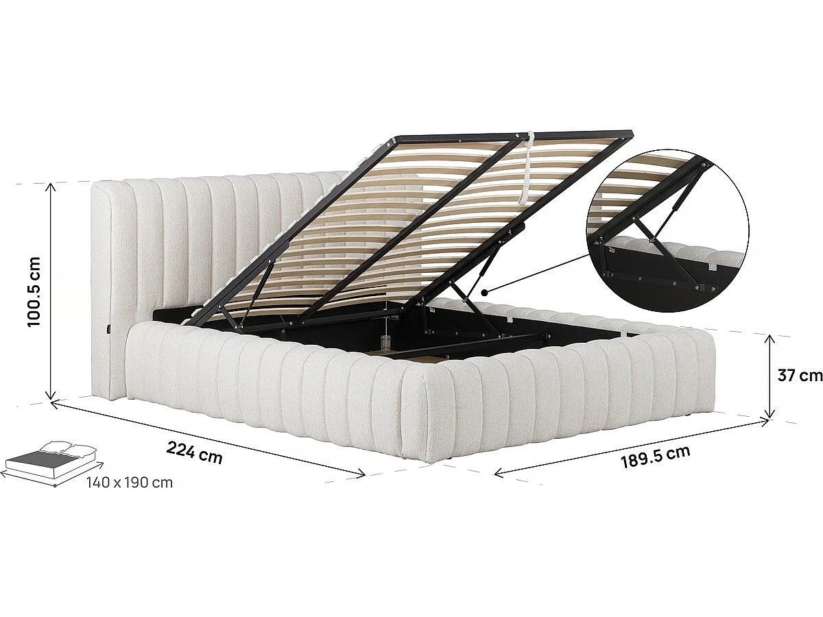 Lit double en tissu avec coffre "Tignes" - 140 x 190 cm - Beige