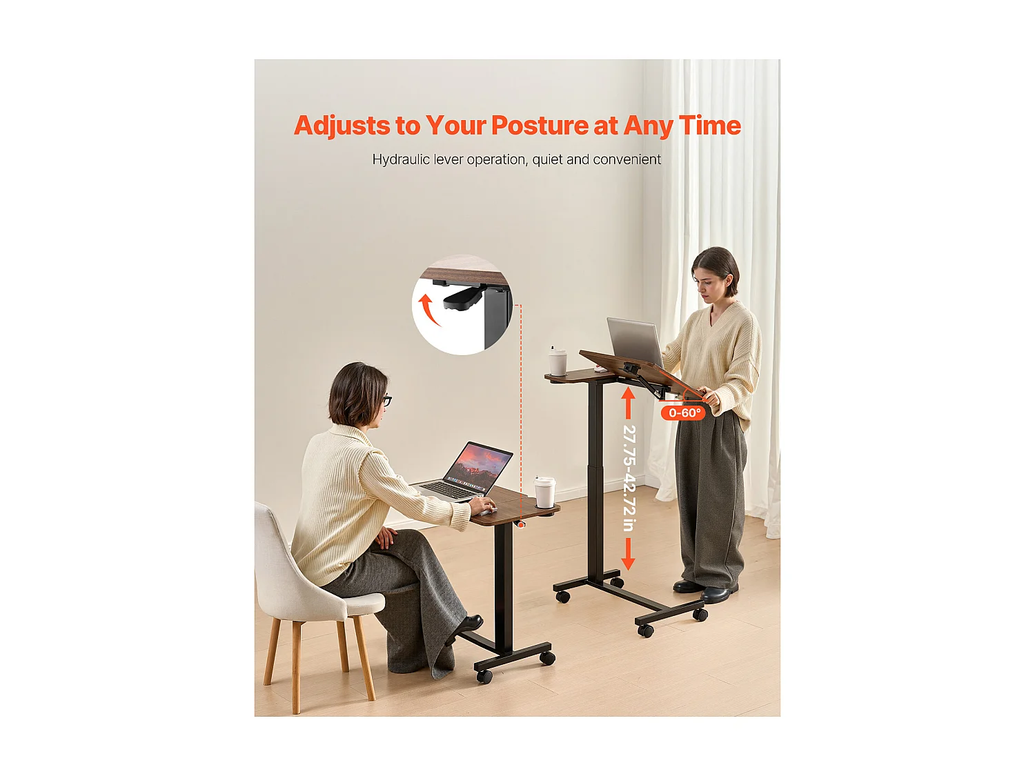 Table de Lit Mobile SucceBuy, Table d'Appoint à 4 Roulettes, Plateau Rabattable, Hauteur Réglable, Porte-Gobelet, pour Maison et Bureau, Bois et Noir