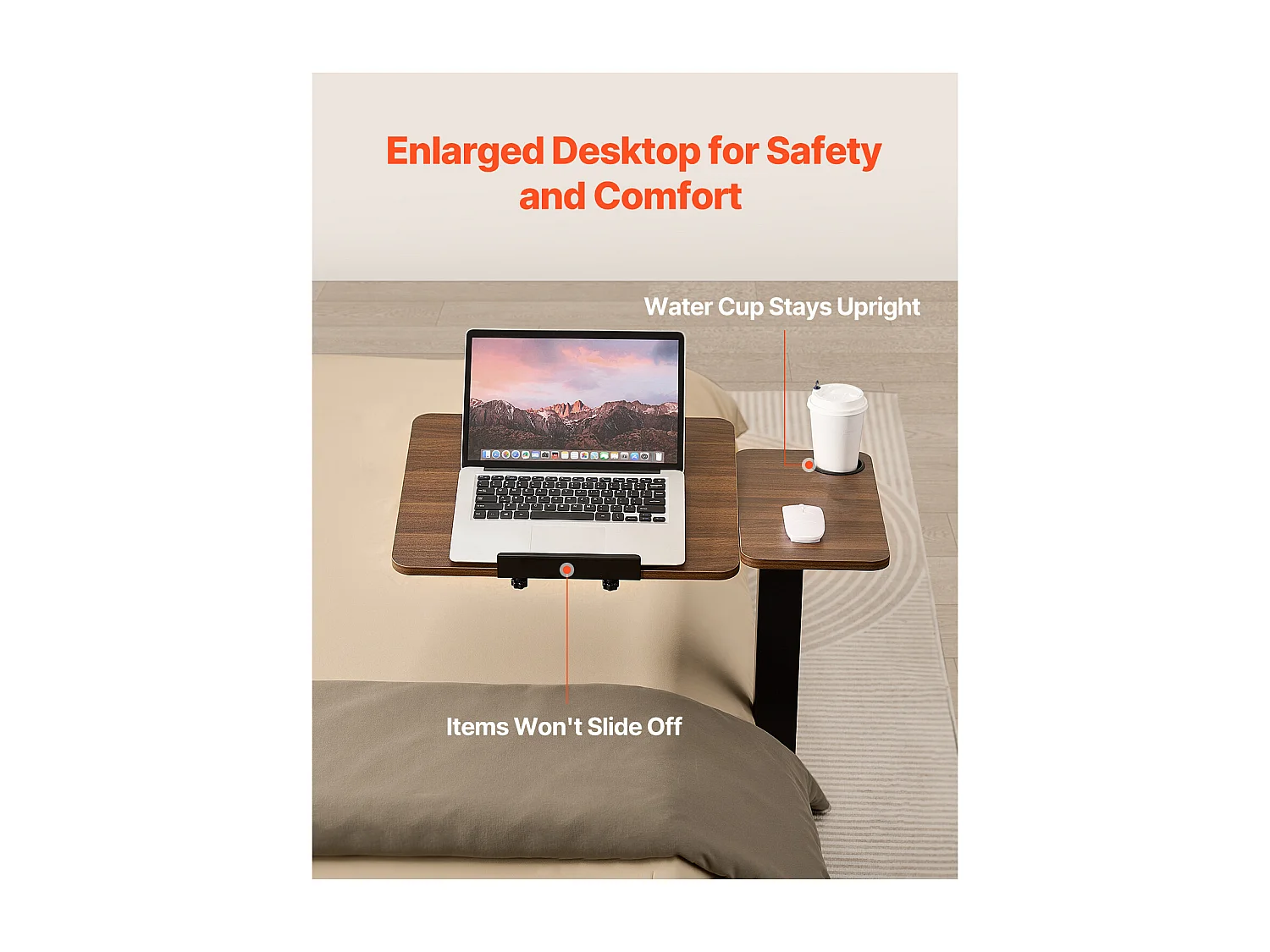 Table de Lit Mobile SucceBuy, Table d'Appoint à 4 Roulettes, Plateau Rabattable, Hauteur Réglable, Porte-Gobelet, pour Maison et Bureau, Bois et Noir