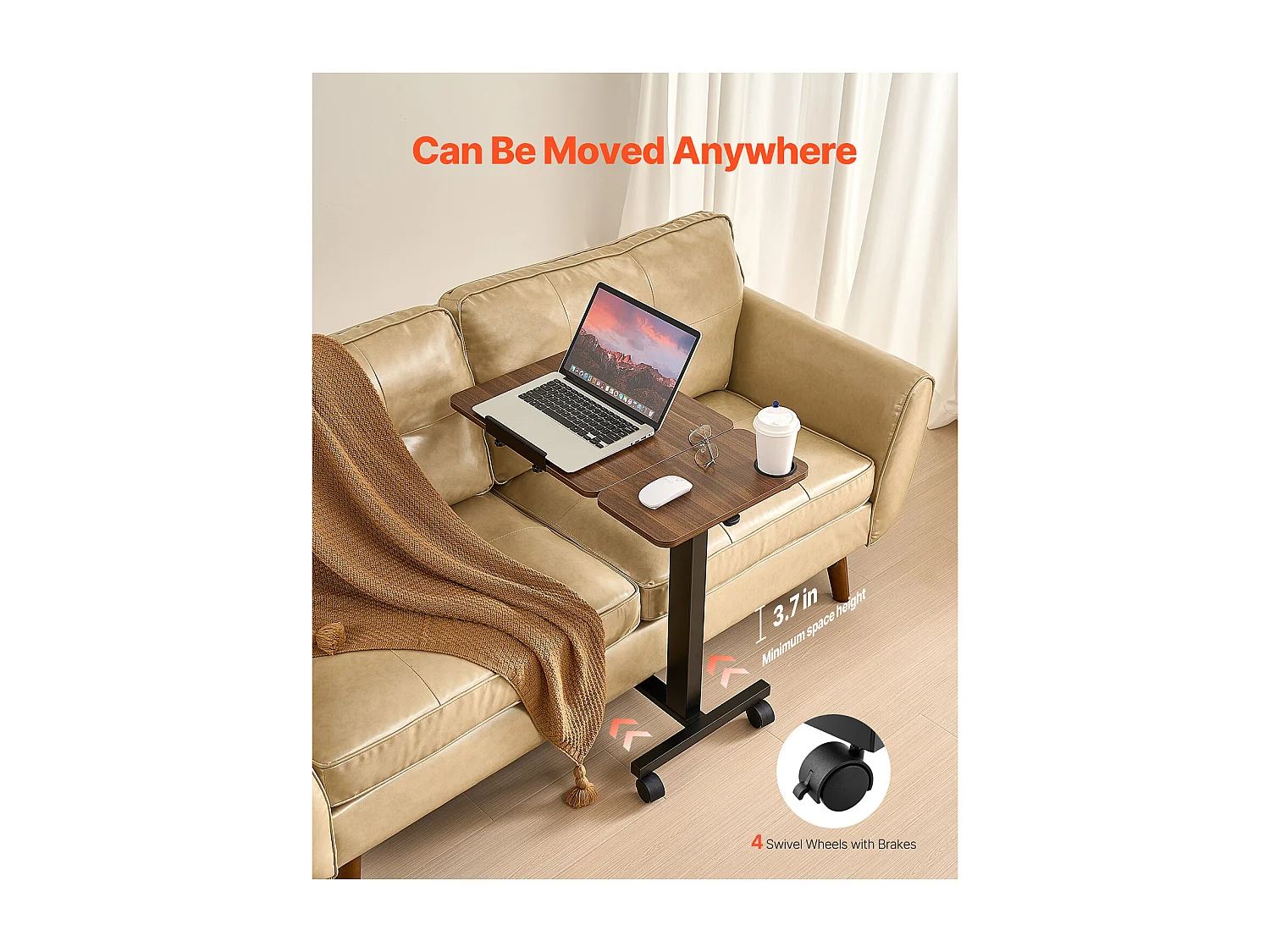 Table de Lit Mobile SucceBuy, Table d'Appoint à 4 Roulettes, Plateau Rabattable, Hauteur Réglable, Porte-Gobelet, pour Maison et Bureau, Bois et Noir