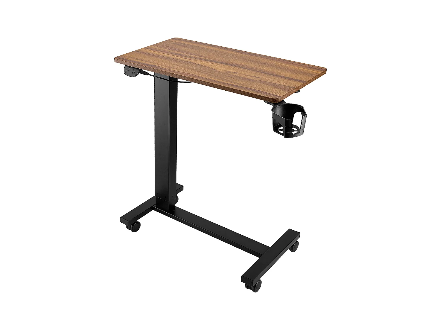 Mobiele Bedtafel SucceBuy, Bijzettafel met 4 Wieltjes, Elektrisch Verstelbaar, In Hoogte Verstelbaar, Bekerhouder, voor Thuis en op Kantoor, Hout en Zwart
