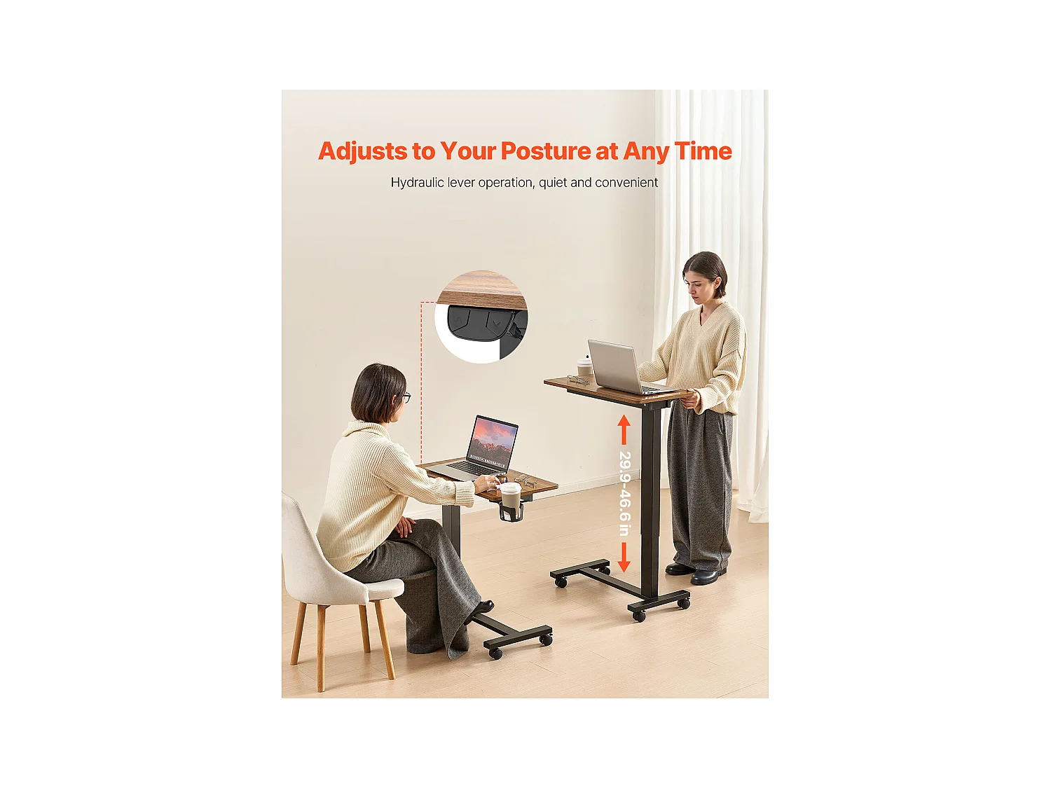 Mobiele Bedtafel SucceBuy, Bijzettafel met 4 Wieltjes, Elektrisch Verstelbaar, In Hoogte Verstelbaar, Bekerhouder, voor Thuis en op Kantoor, Hout en Zwart