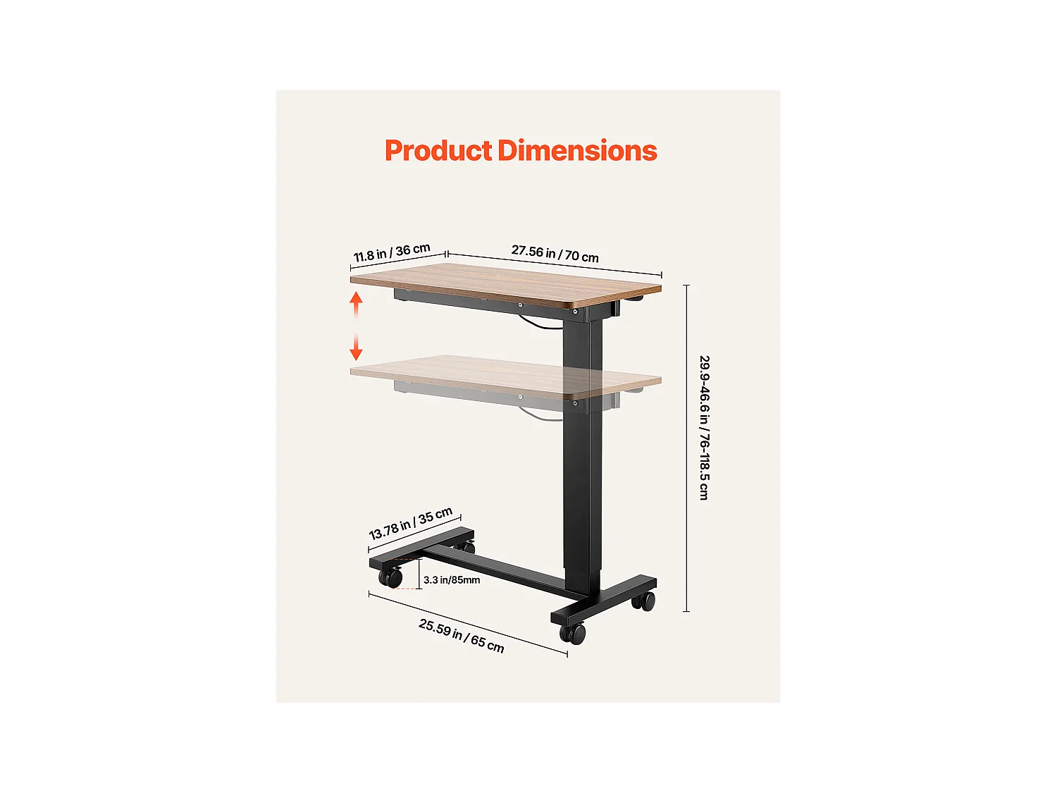 Mobiele Bedtafel SucceBuy, Bijzettafel met 4 Wieltjes, Elektrisch Verstelbaar, In Hoogte Verstelbaar, Bekerhouder, voor Thuis en op Kantoor, Hout en Zwart