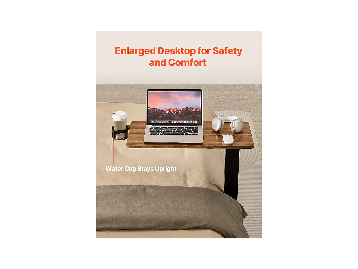 Mobiele Bedtafel SucceBuy, Bijzettafel met 4 Wieltjes, Elektrisch Verstelbaar, In Hoogte Verstelbaar, Bekerhouder, voor Thuis en op Kantoor, Hout en Zwart